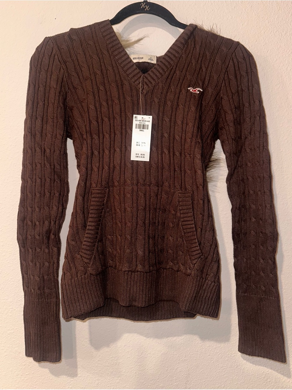Hollister Brown Cable-Knit V-Neck Sweater Hoodie